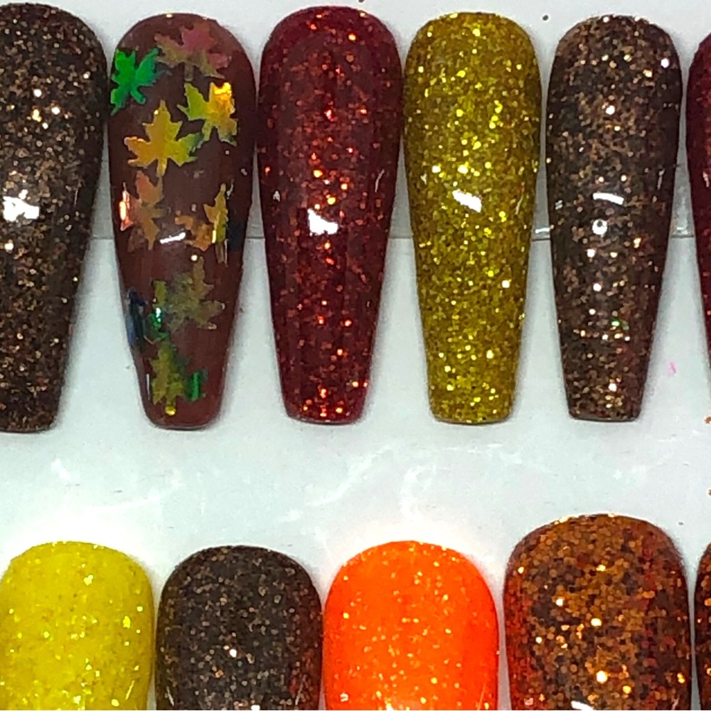 Handmade Custom Press on Nails Long Coffin UV Gel Glitter Metallic Fall Leaves - Picture 6 of 10